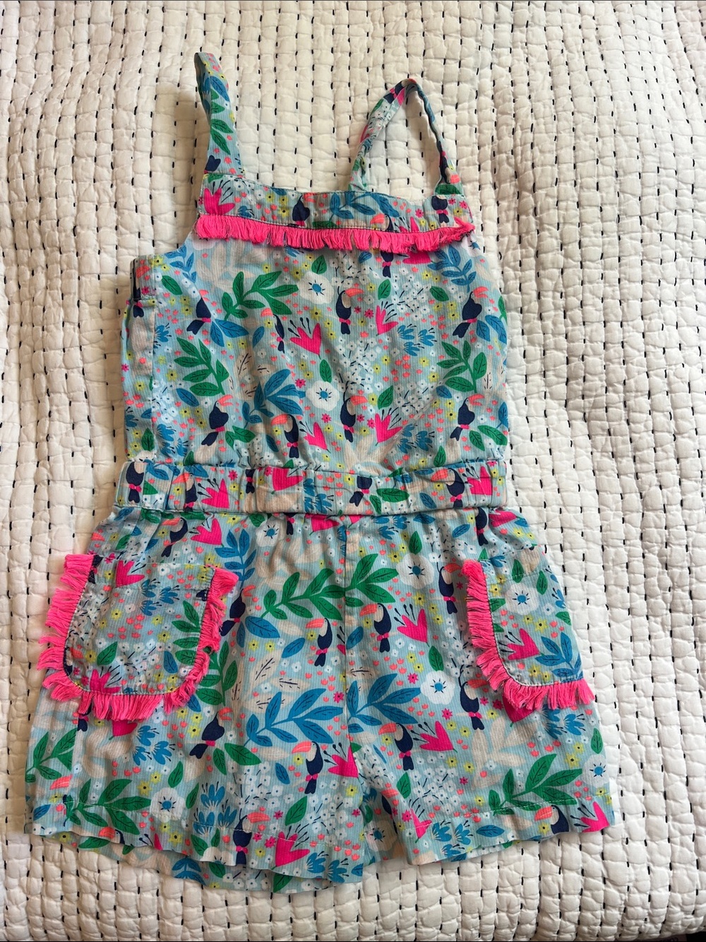 Biden Girls Floral Toucan Print Romper with Pink Fringe 3-4T